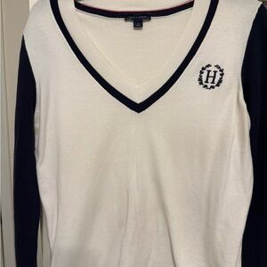 Tommy Hilfiger White and Navy V-Neck Sweater